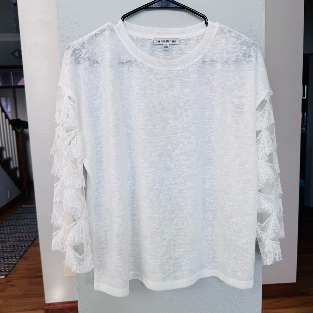 Gorgeous See and Be Seen White Fringe-Sleeve Women's Top